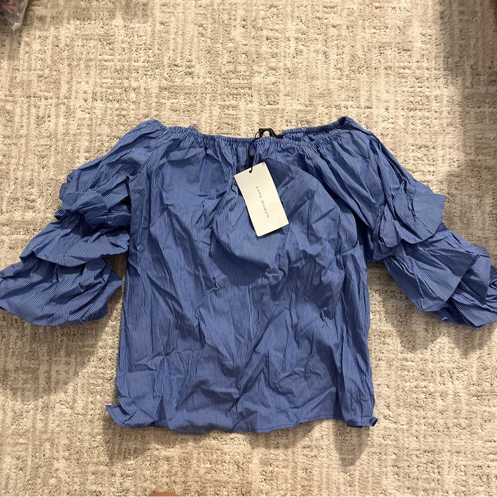 Zara blue vintage Off-Shoulder Ruffle Sleeve Top BNWT